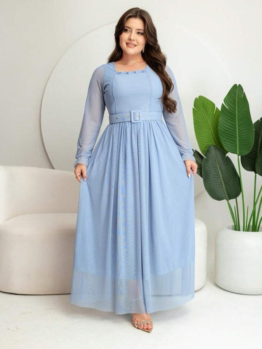Long Tulle Dress, Plain Fabric, With Belt, Wedding, Holiday - 淺藍色 - 查看 1