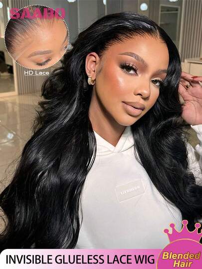 200% Dichte 71 cm natürliche schwarze Farbe 33x10 cm HD transparente Spitzenfront Perücken mit vorgezupfter Haaransatzlinie, 81 cm 13x13 cm Klebe- und Klebefrei Körperwelle Menschenhaar-Mischung Damen Mode Perücke, geeignet für täglichen Gebrauch oder Veranstaltungen