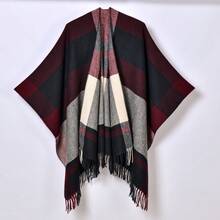 New Tassel Split Shawl Autumn Winter Women's Simple Plaid Jacquard Scarf Cape - 古典條紋格子黑紅 - 查看 8
