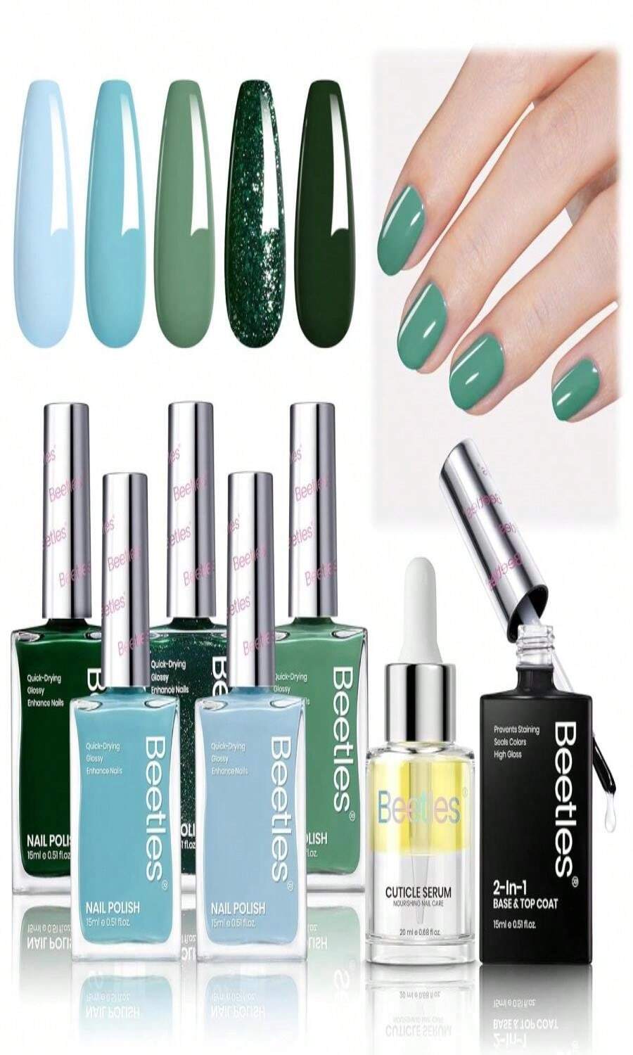 Beetles Fall Nail Polish Set P180, 6 Color Red Yellow Green Quick Air Dry Nail Polish, Natural Nail Lacquer Manicure DIY Nail Art Salon Christmas Gift For Women - xanh quân đội - Xem 1