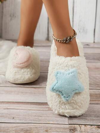 女士休闲星月一脚蹬拖鞋，平底，蓬松，温暖柔软，适合室内、卧室、秋冬季