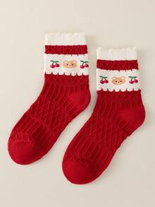 5双儿童袜子秋冬红色中筒袜冬季宝宝新年袜子可爱小熊甜美蕾丝袜时尚樱桃图案设计适合日常或节日穿着