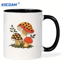 1pc 11oz Ceramic Coffee Mug With Vibrant Red & Brown Mushroom Design, Green Leaves & Leaves - Reusable, Hand Wash Only, Perfect For Hot Or Cold Drinks, Coffee Bar Accessories - White Mug - View 9