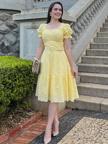 LESE MIDI PLAIN DRESS ELEGANT CASUAL FASHION WOMEN'S DRESS - Yellow - View 9