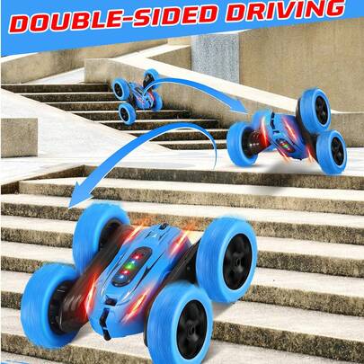 1辆360°旋转四驱遥控车，带前大灯，2.4GHz电动特技赛车玩具车，漂移卡车，可充电玩具车，适合3-12岁男孩女孩，圣诞节、万圣节、复活节、生日、新年礼物（蓝/绿）