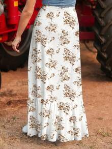 Acelitt 天蓝色波西米亚风碎花高腰荷叶边开衩长裙 白色夏季 - 白色 - 查看 2