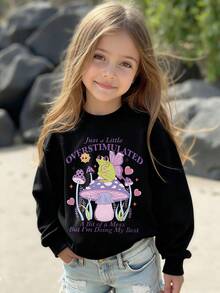 Young Girls Funny Slogan & Magic Frog Mushroom Graphic Print Casual Crew Neck Sweatshirt, Warm For Autumn/Winter