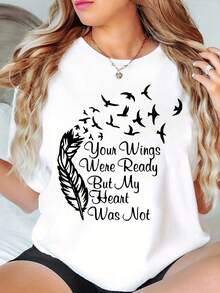A Hand-Painted Version Of Wings Butterfly Letter Love A Hand-Painted Feathered Print Crew-Neck T-Shirt, A Gift For Vallove Pattern Printed Round Neck T-Shirt, Valentine's Day Hit A Gift, Letter Print Short-Sleeved Four Seasons All-Matching Ladies Top - 黑色 - 查看 6