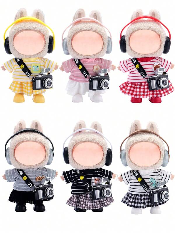 1set 6.69 Inch Doll Clothes,Various Color Doll Clothes, Striped Top, Pleated Skirt, Shoes, Headphones And Camera Accessories, Suitable For 6.69 Inch Doll, Cute Doll Figure Accessories For Play And Display,Suitable DIY Doll Accessories For Labubu Dolls,Birthday/Holiday Christmas Present (Doll Not Included )