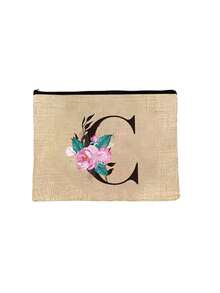 1个A-Z花卉印花化妆包，粉色牡丹花黑色字母印花艺术设计，送给女孩的礼物，可爱复古简约字母印花收纳袋，化妆包，小物件整理袋，洗漱包，旅行必备，邮轮必备，度假必备，男女通用 - 彩色 - 查看 16