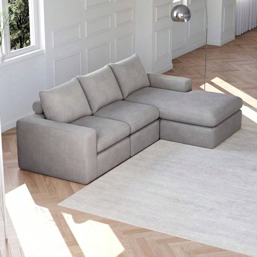 Boneless Couch with Chaise, L-förmiges modernes gepolstertes Sofa aus Cord mit drei Kissen, Cord-Sofa für Wohn- und Schlafzimmer, keine Montage erforderlich - HELLGRAU + Cord + 3 Sitz - Übersicht 1