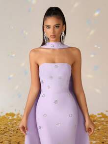 Love Aing Women's Purple Heavily Embellished Rhinestone Shawl Cloak, Elegant Long Formal Gown For Red Carpet, Banquet, Wedding Guest, Birthday Party, Luxury Evening Dress - Mauve Purple - View 12