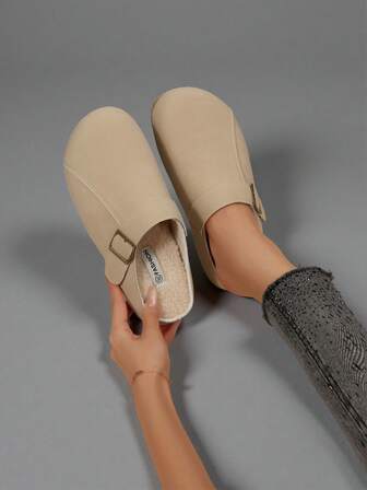 2025 Autumn/Winter New Apricot Fluffy Slip-On Casual Flat Round Toe Shoes, Solid Color Design, Lightweight & Comfortable For Home Wear