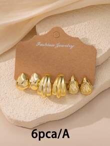 6-18pcs/Set New Asymmetrical CCB Gold Lightweight Earring Set, Textured C-Shape And Teardrop Designs, Versatile Everyday Wear For Women - Gold - View 6