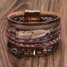 1pc Leather Cuff Bracelet Multilayer Wrap Bracelet Crystal Feather Tree Bangle With Magnetic Clasp for Women - Brown - View 5