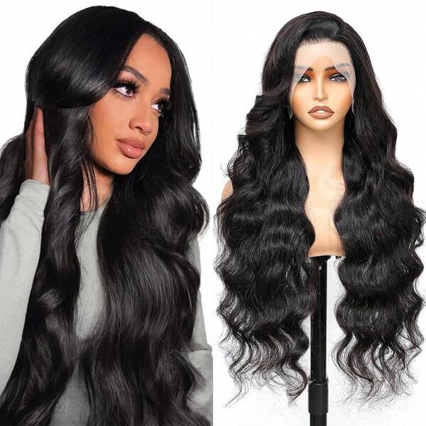 Perucas de renda frontal com ondas corporais, cabelo humano pré-arrancado, 13x4, transparente, frontal, peruca de renda frontal, cabelo humano para mulheres, 13*4, cabelo humano frontal, preto natural