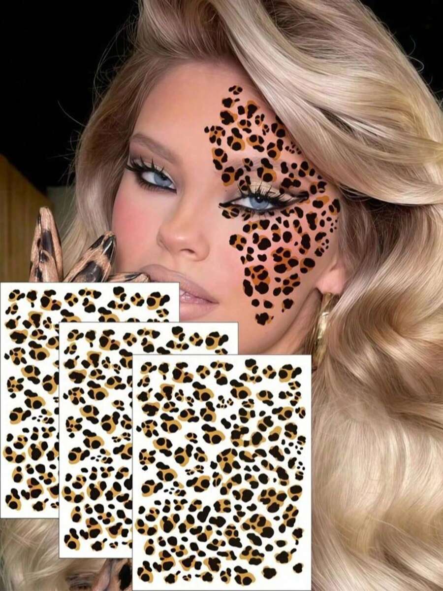 1PC Leopard Print And Golden Temporary Tattoos - Retro Style, Sexy Party & Stage Makeup, DIY Face Stickers For Men And Women, DIY Tattoo StickersDramatic Leopard SpotsTemporary Face Stickers - متعدد الألوان - مشاهدة 1