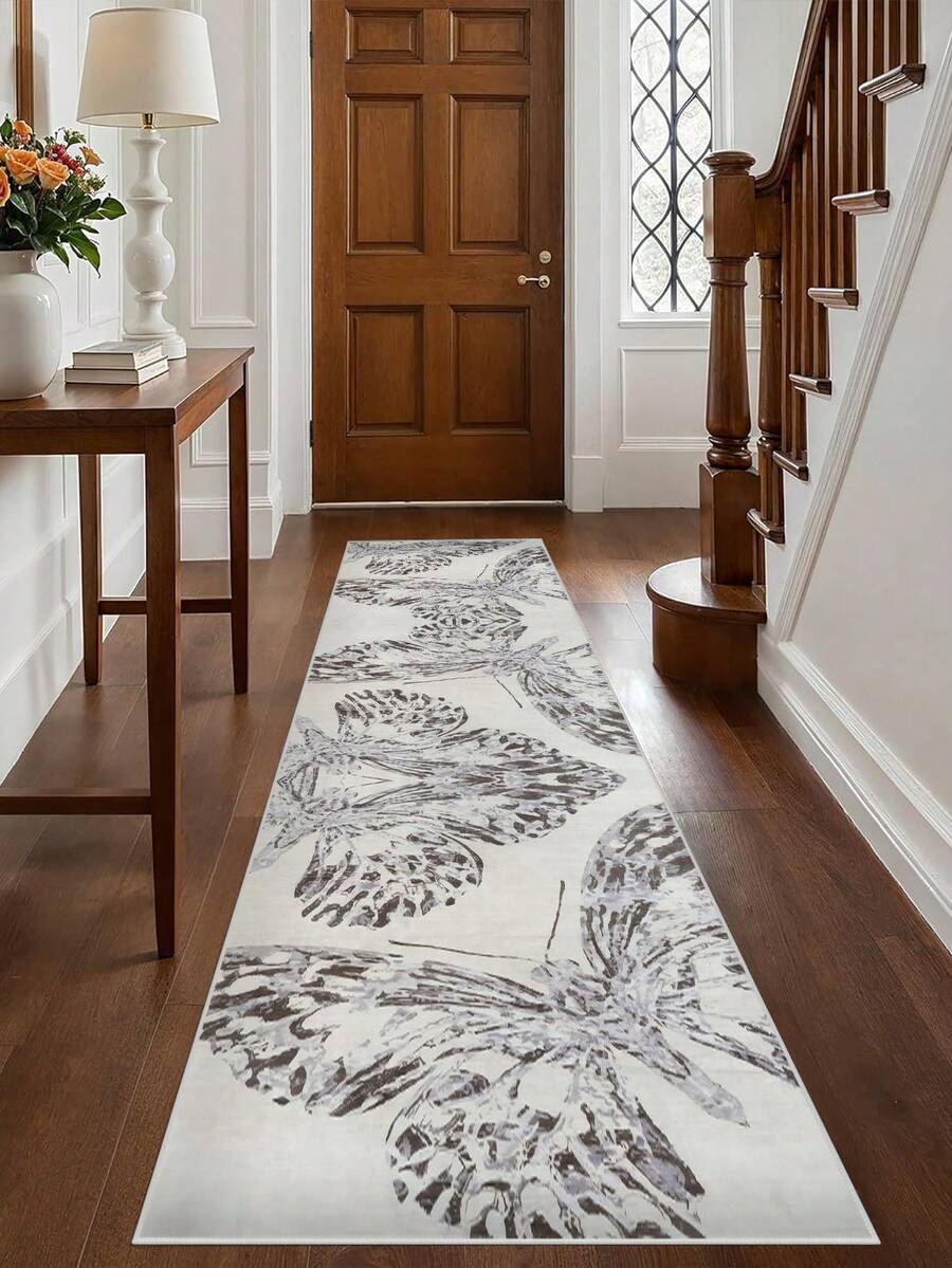 1pc Grey Rugs,Butterfly Pattern,Runner Rug,Crystal Velvet Jelly Base 800g/M² Washable And Machine Washable,Home Decor, Living Room,Kitchens,Passage, Bedroom, Dining Room, Office, All Seasons - Grey - View 1