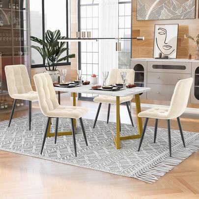 117cm Rectangular Dining Table Set With 4 Chairs, Modern Kitchen Table, Beige Velvet Dining Chairs, Gold Table Legs