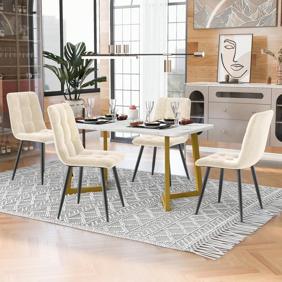 117cm Rectangular Dining Table Set With 4 Chairs, Modern Kitchen Table, Beige Velvet Dining Chairs, Gold Table Legs - Beige - View 1