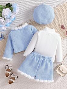 Baby Girls' Cute Furry Collar Cardigan, Solid Color Long Sleeve T-Shirt With Faux Pocket, And Furry Shorts 3-Piece Set With Matching Beret Hat, Elegant And Warm Outfit For Girls, Suitable For Spring/Autumn Outings - Blue - View 5