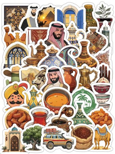 50pcs Arabic Culture Sticker Set, Middle Eastern Themed Stickers Including Camels, Traditional Costumes And Mosques, Oriental Style Decals Suitable For Diaries, Luggage And Phone Cases Scrapbook Supplies Funny Stickers Laptop Stickers Kindle Phone Stickers