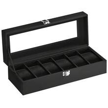 Caja de Relojes con 6 Compartimentos, Estuche de Relojes con Tapa de Cristal, Cojín Extraíble, Cierre Metálico, Regalo, Cuero Sintético Negro y Forro Negro, Regalo de Navidad - Negro - Ver 5