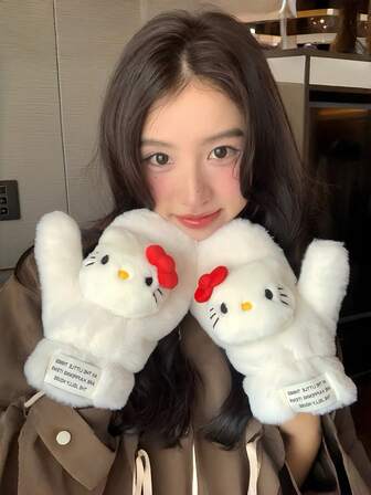 Sanrio 1 Pair Hello Kitty Cute Cartoon Full Finger Gloves, Windproof And Warm For Autumn/Winter, Cartoon Outdoor Warm Fuzzy Gloves