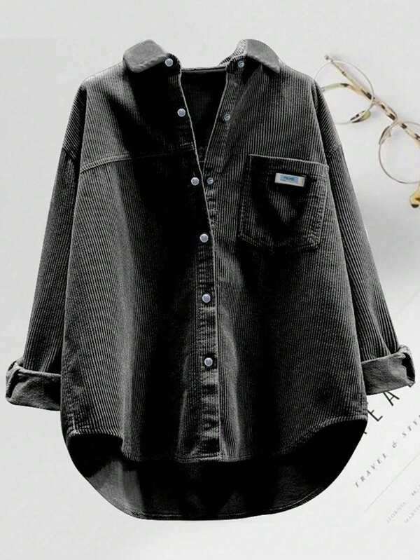 Plus Size Corduroy Long Sleeve Shirt, With Button Details And Asymmetric Hem