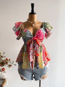 Rusttydustty Bohemien Stil Spitze V-Ausschnitt Lässig Urlaubs Bluse, geeignet für Neujahr, Valentinstag und andere Anlässe