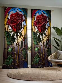 2pcs Elegant Black Rose & Colorful Glass Pattern Printed Curtains, High Definition Digital Printing, Rod Pocket Installation, 100% Polyester, 90g/Sqm, Suitable For All Seasons, Light Filtering, Privacy Protection, UV Blocking Decorative Curtains