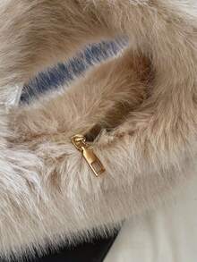 1个时尚毛绒单肩包，平沿手提包，可爱女士冬季手提包/钱包 - 卡其色 - 查看 6