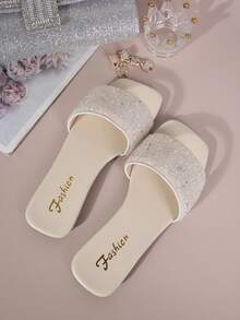 Plus Size Women's Slip-On Flat Sandals, Black Square Toe Rhinestone Non-Slip Soft Bottom Lace-Up Slippers, Fashionable With Dresses, Suitable For Beach, Ideal For Housewives - White - View 5