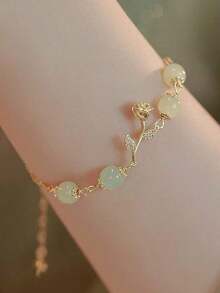 1pc Blue & White Agate Beaded Rose Chain Bracelet - 白色 - 查看 4