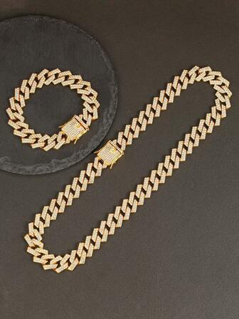 2-częściowy męski zestaw z łańcuszkiem i bransoletką z ogniwami kubańskimi Iced Out – srebrna biżuteria hip-hopowa z kryształkami na imprezę, do rapu, streetwearu i na co dzień