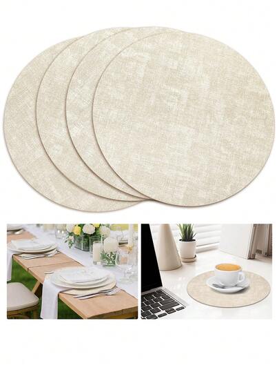 4 piezas Mantel individual de textura tejida en beige, mantel individual redondo para poner la mesa de una manera elegante. Fácil de almacenar, disponible por ambos lados, con excelente resistencia a la abrasión, buen aislamiento térmico y resistente al agua. Adecuado para uso diario, bodas, fiestas, barbacoas, baby shower, cumpleaños, Navidad, Acción de Gracias, Pascua, Día de San Patricio y Día de la Madre.