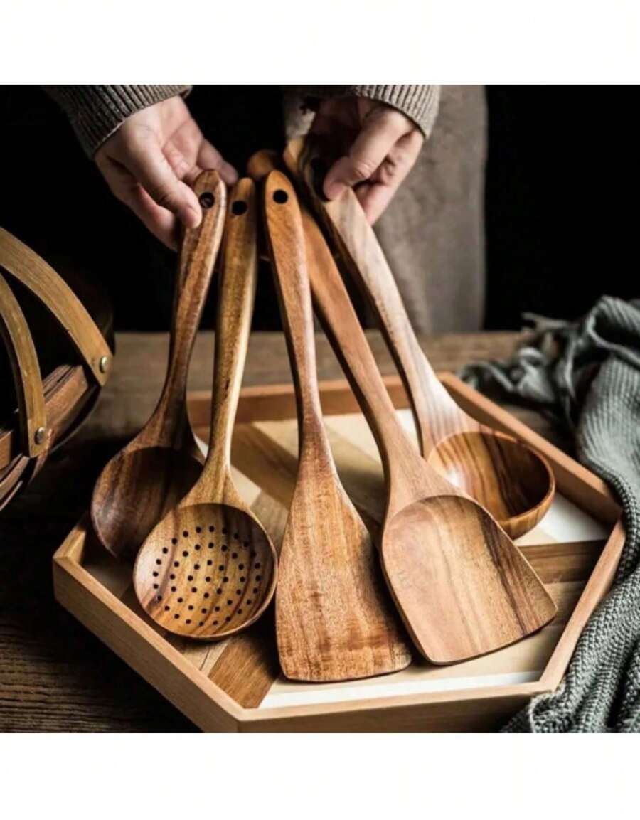 Wooden Kitchen Utensils Set, Wooden Spoons Natural Spurtle Set For Non-Stick Pan Kitchen Tool Ladle And Wok Spatulas Wooden Ladle. Long Handle Ladle Utensils For Soup.Handmade For Kitchen Cookware Camping Picnic(Ladle), Family Dinner Supplies, Christmas Party Supplies - 棕色 - 查看 1