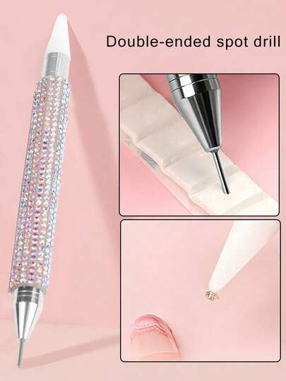 Cabeça de Cera de Unhas com Diamante Completo com Caneta de Sucção de Ponto de Diamante Autoadesiva, Ferramenta de Joia de Ponto de Caneta de Cabeça Dupla, Nova Modelo para Arte de Unhas