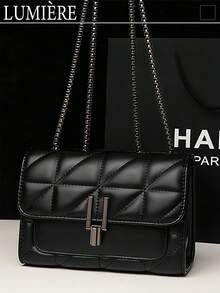 Elegant Black Quilted Crossbody Bag For Women Metal Chain Strap Shoulder Purse, Adjustable Strap, Polyester Lined, Urban Fashion Accessory - 黑色 - 查看 10