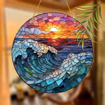 鲜艳的 9x9 英寸彩色玻璃捕光器 - 多色日落波浪设计，手工制作的窗户悬挂装饰，适合卧室、客厅、厨房的艺术墙饰，独特的乔迁礼物创意，工艺精湛、视觉效果惊艳的室内装饰