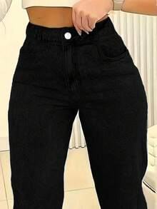 女士休闲纯色斜插口袋直筒牛仔裤 春季黑色 - 黑色 - 查看 7