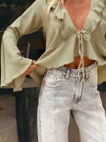 Nouvelle blouse élégante et élégante à manches longues avec volants et liens, couleur unie. Décontractée pour la plage, les stations balnéaires, l'école, le quotidien, les voyages