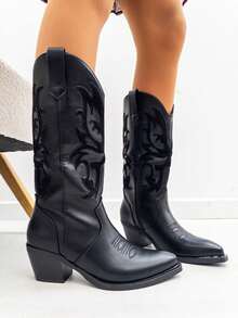 STYLEE FOOTWEAR Damen-Cowboystiefel mit dekorativer Stickerei und mittelhohem Absatz, elegantes High-Top-Western-Design mit spitzer Zehenpartie, moderner und bequemer Stil, ideal zum Kombinieren mit Kleidern, Röcken oder Jeans im Herbst und Winter. Voraussichtliche Lieferung: 1-3 Werktage (Halbinsel) Cowboy Embroidery Holidays - Schwarz - Übersicht 2