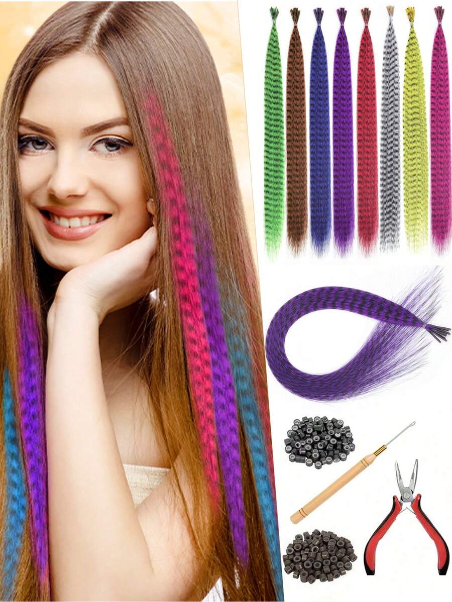 带接发工具的羽毛假发 Y2K 风格红紫蓝绿渐变色长直发假发合成羽毛接发，适合女性女孩日常派对万圣节圣诞节节日彩色假发 - 彩色 - 查看 1