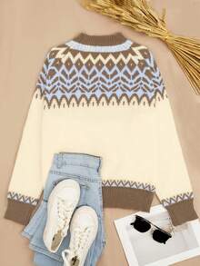 Jersey de punto con cuello redondo, estampado geométrico de bloques de color, moda casual para mujer, Otoño/Invierno 2025 - Multicolor - Ver 2