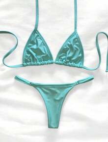 Women's Summer Triangle Bikini With Side Adjustment - Green Pool - View 3
