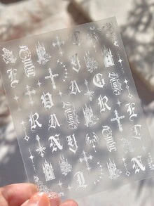 1片白色哥特风美甲贴纸 - 新品上市 - 时尚叛逆 - 优雅的字母、十字架和星星图案，适合DIY个性化美甲，哥特美甲爱好者的理想之选 - 白色 - 查看 6