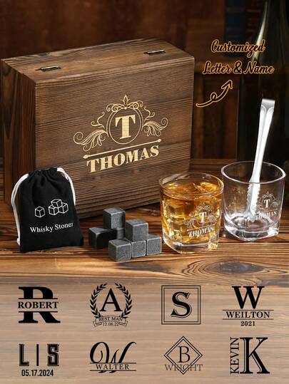 1pc Personalized Whiskey Glass Gift Set With Wooden Box And Whiskey Stone, Customized Whiskey Set With Carved Name/Initial, Groom Gift, Best Man Gift, Boyfriend Birthday, Father's Day, Christmas Gift, Men's Bar Supplies