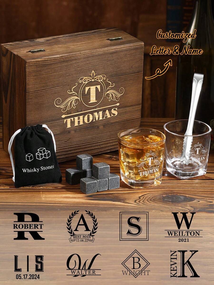 1pc Personalized Whiskey Glass Gift Set With Wooden Box And Whiskey Stone, Customized Whiskey Set With Carved Name/Initial, Groom Gift, Best Man Gift, Boyfriend Birthday, Father's Day, Christmas Gift, Men's Bar Supplies