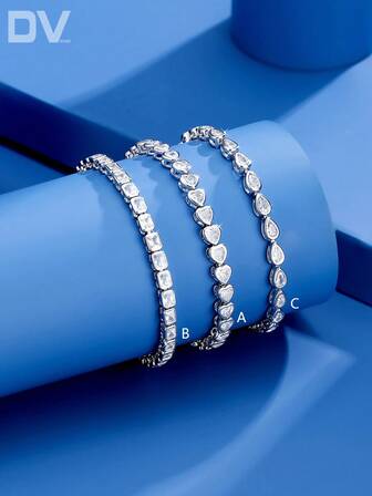 DV JEWELRY 1 件奢华女士手链，镶有方晶锆石心形、泪珠形和圆形珠子，镀白金，优雅珠宝礼物，适合约会、婚礼、派对、周年纪念